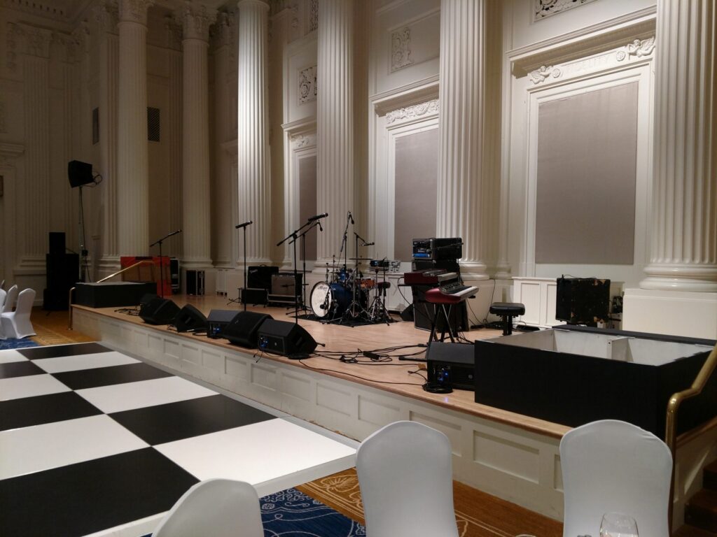 Band stage and monitors set in a historic ballroom