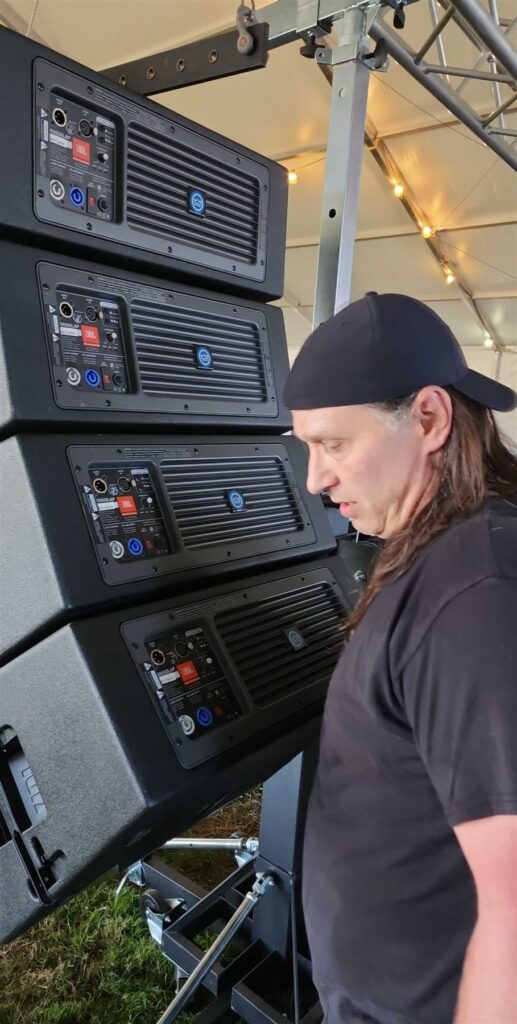Checking a ground-stacked line array before a show
